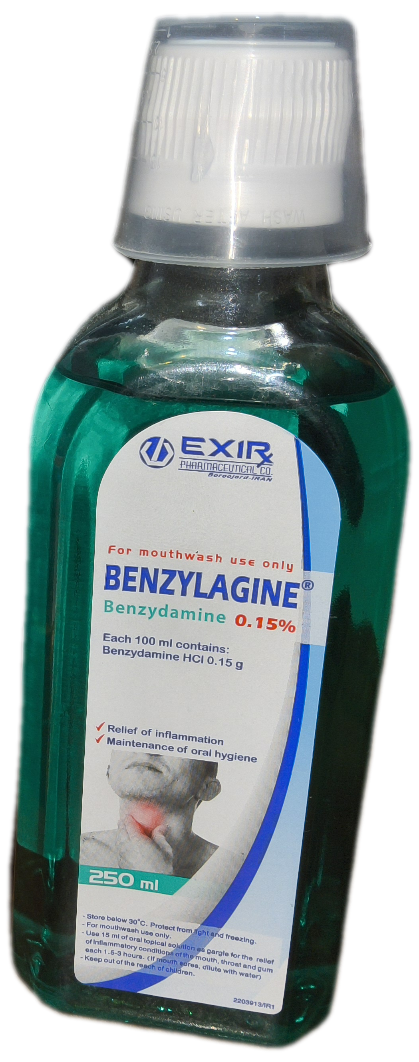 دهانشویه بنزیلاژین ۰.۱۵ درصد بنزیدآمین اکسیر ۲۵۰ سی سی، BENZYLAGINE MOUTHWASH