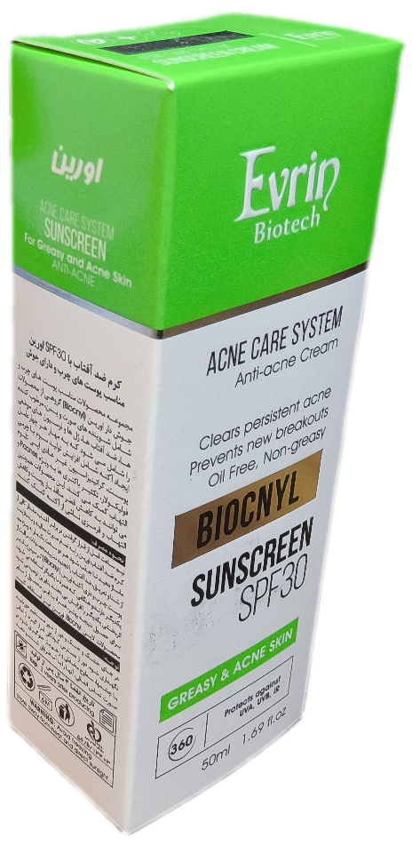 کرم ضدآفتاب با اس پی اف ۳۰ اورین مناسب پوستهای چرب و دارای جوش، EVRIN BIOCNYL SUNSCREEN SPF 30