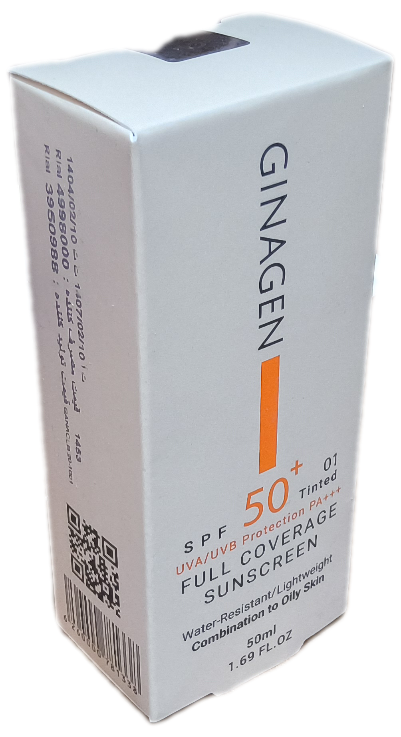 کرم ضدآفتاب رنگی ۰۱ اس پی اف ۵۰ پلاس پوست چرب و مختلط ژیناژن ۵۰ میلی لیتر،   GINAGEN +50 OILY SKIN