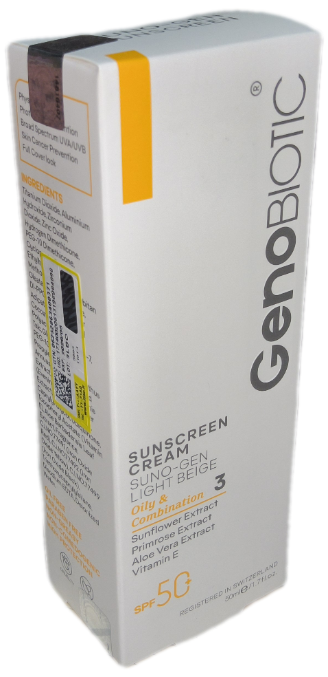 کرم ضدآفتاب ژنو بایوتیک بژ روشن مناسب پوست چرب و مختلط Genobiotic Spf 50